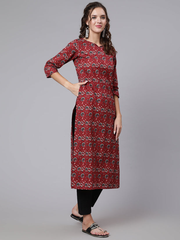 Women Maroon Ethnic Printed Straight Kurta with Three Quarter Sleeves