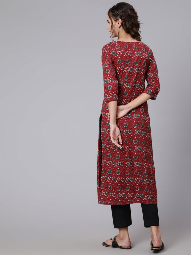 Women Maroon Ethnic Printed Straight Kurta with Three Quarter Sleeves