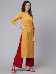 Women Yellow Ethnic Printed Straight Kurta with Three Quarter Sleeves