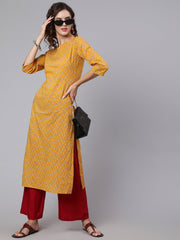 Women Yellow Ethnic Printed Straight Kurta with Three Quarter Sleeves