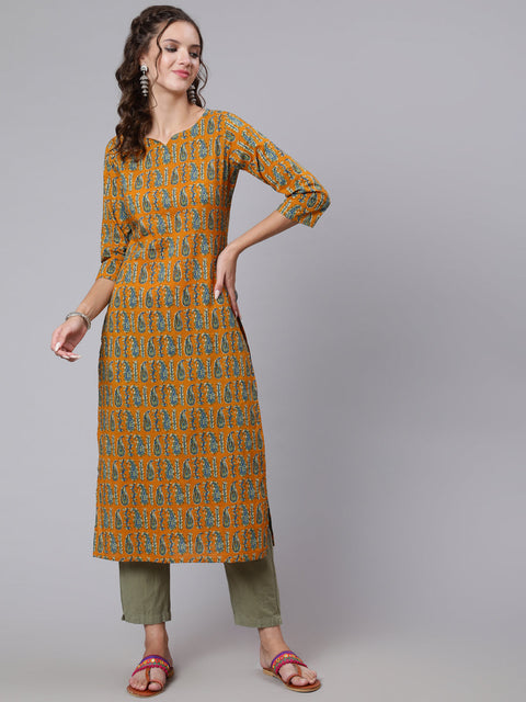 Women Yellow Ethnic Printed Straight Kurta with Three Quarter Sleeves