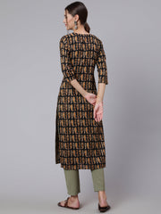 Women Black Printed straight kurta with three quarter sleeves