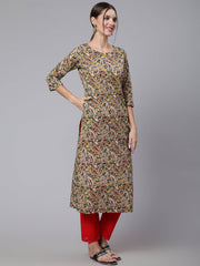 Women Green Ethnic Printed Straight Kurta with Three Quarter Sleeves