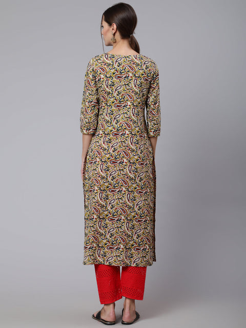 Women Green Ethnic Printed Straight Kurta with Three Quarter Sleeves
