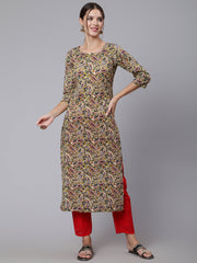 Women Green Ethnic Printed Straight Kurta with Three Quarter Sleeves