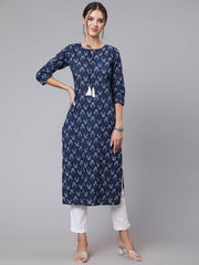 Women Blue Printed straight kurta with three quarter sleeves