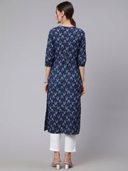 Women Blue Printed straight kurta with three quarter sleeves