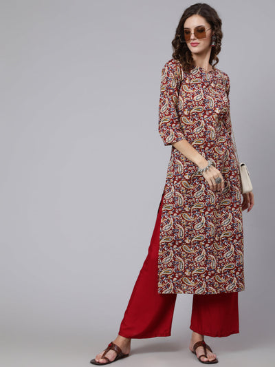 Women Maroon Printed straight kurta with three quarter sleeves