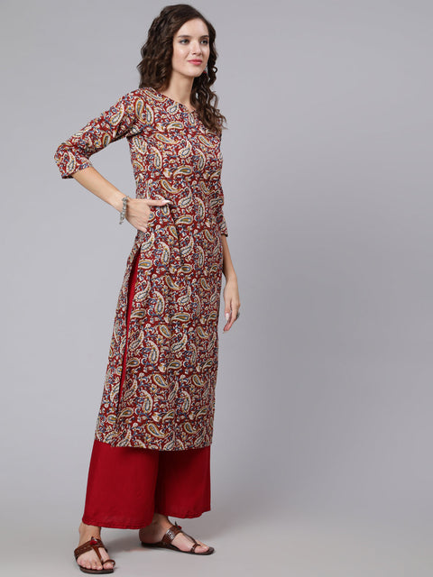 Women Maroon Printed straight kurta with three quarter sleeves