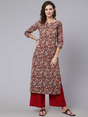 Women Maroon Printed straight kurta with three quarter sleeves