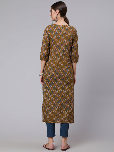 Women Brown Printed straight kurta with three quarter sleeves