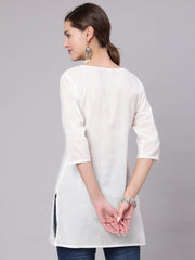 Women White Printed Straight Tunic With Three Quarter Sleeves