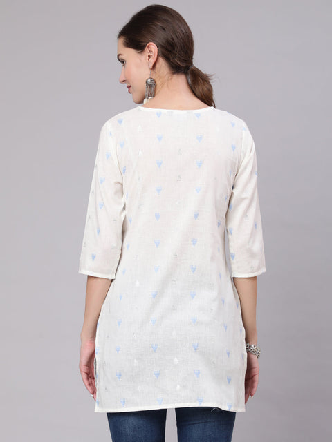 Women White Printed Straight Tunic With Three Quarter Sleeves