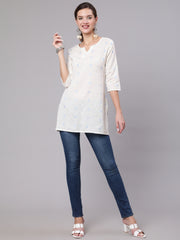 Women White Printed Straight Tunic With Three Quarter Sleeves