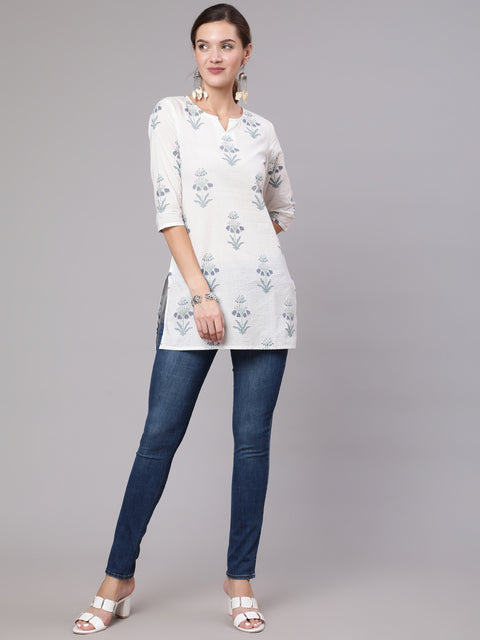Women White Printed Straight Tunic With Three Quarter Sleeves
