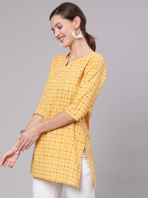 Women Yellow Printed Straight Tunic With Three Quarter Sleeves