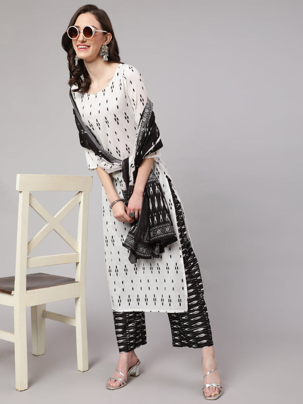 Women Off White Printed Straight Kurta With Palazzo & Dupatta