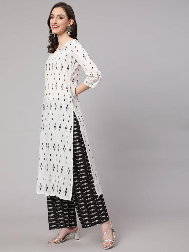 Women Off White Printed Straight Kurta With Palazzo & Dupatta