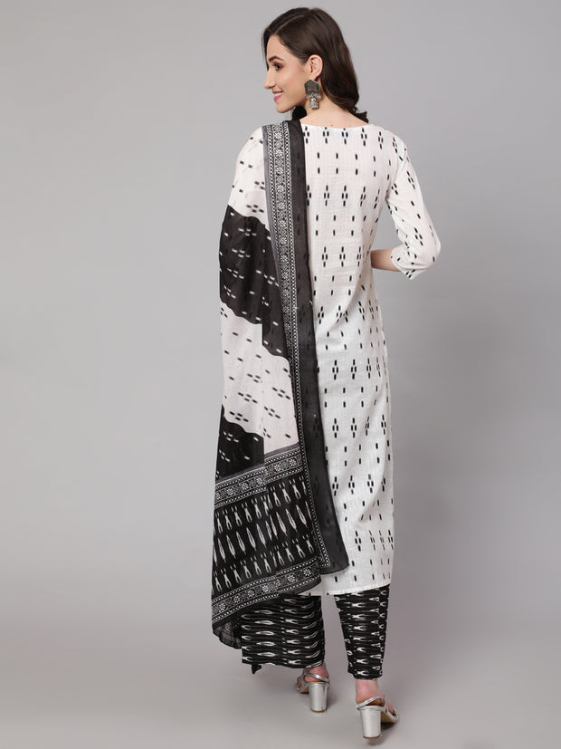 Women Off White Printed Straight Kurta With Palazzo & Dupatta