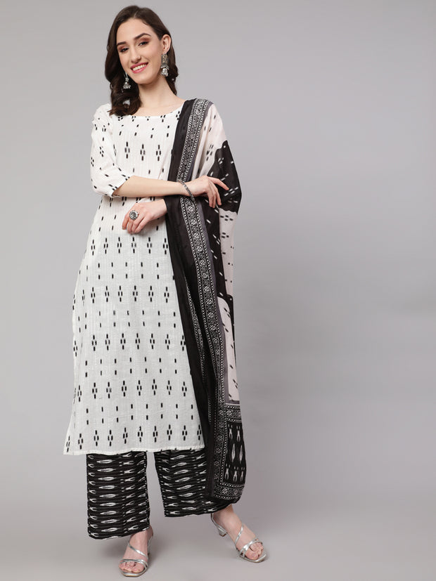 Women Off White Printed Straight Kurta With Palazzo & Dupatta