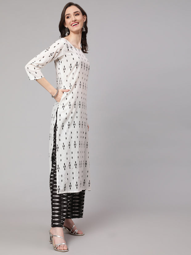 Women Off White Printed Straight Kurta With Palazzo & Dupatta