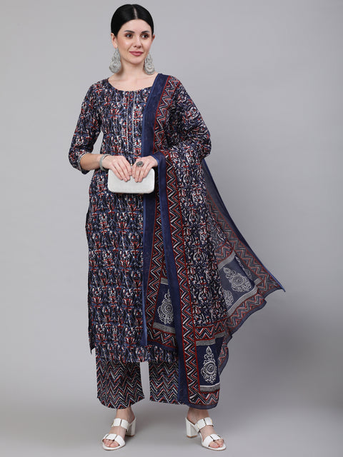 Women Multi Printed Straight Kurta With Palazzo & Dupatta