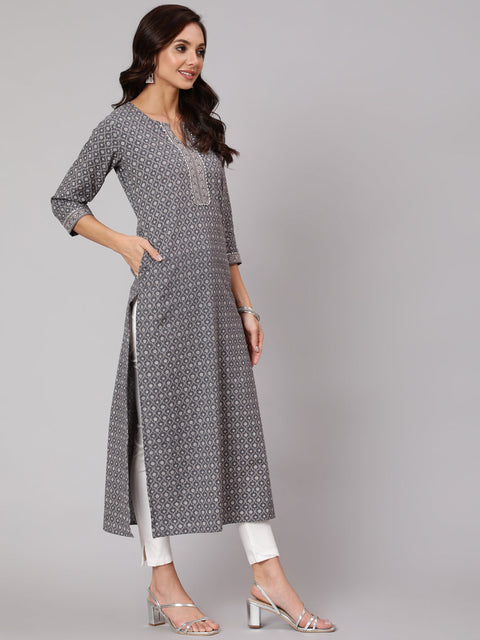 Women Grey Printed Straight kurta With Three Quarter Sleeves
