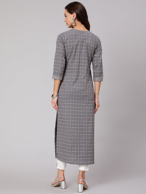 Women Grey Printed Straight kurta With Three Quarter Sleeves