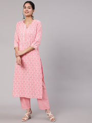 Women Pink Printed Straight Kurta With Trouser