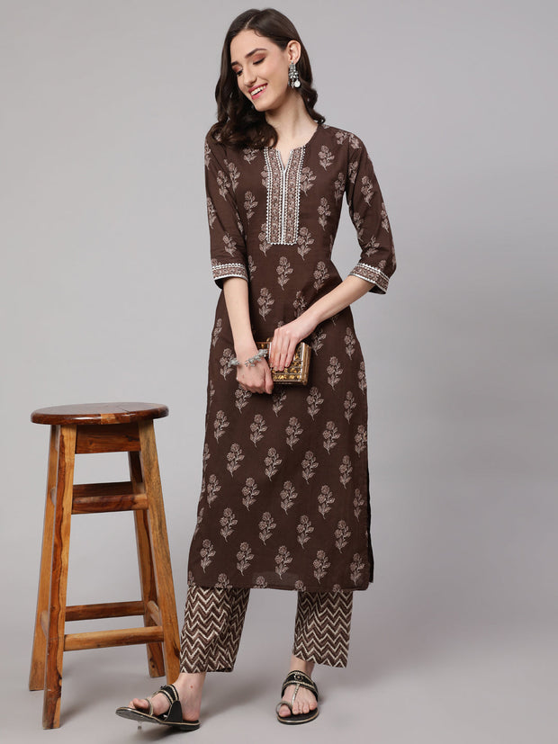 Women Brown Floral Printed Straight Kurta With Palazzo
