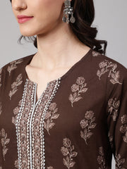 Women Brown Floral Printed Straight Kurta With Palazzo