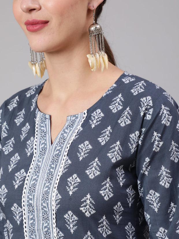 Women Grey Printed Straight Kurta And Palazzo