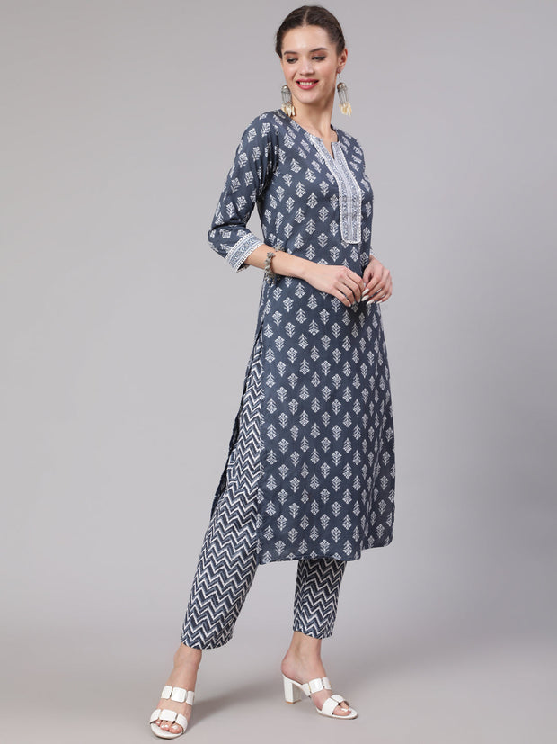 Women Grey Printed Straight Kurta And Palazzo