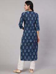 Women Blue Printed Straight Kurta With White Solid Trouser