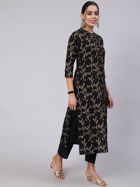 Women Black Ethnic Printed Straight Kurta With Trouser