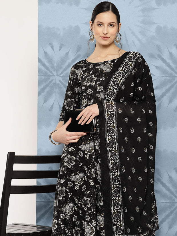 Women Black Floral Printed Flared Kurta With Trouser And Dupatta
