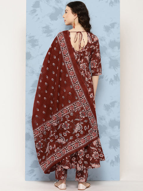 Women Maroon Floral Printed Flared Kurta With Trouser And Dupatta