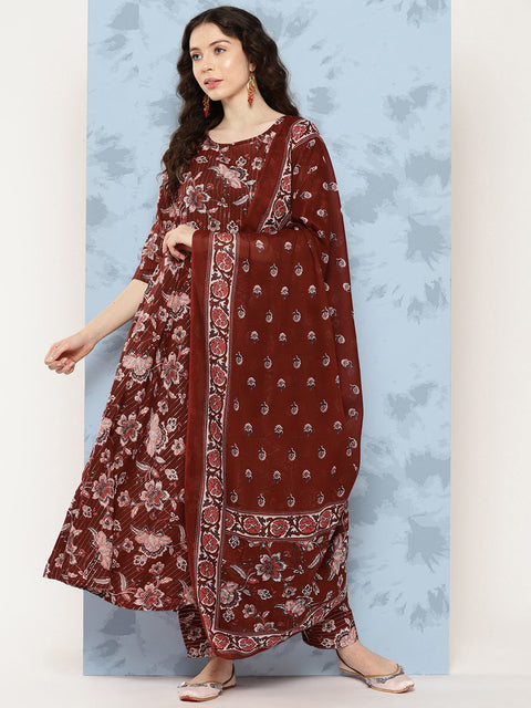 Women Maroon Floral Printed Flared Kurta With Trouser And Dupatta