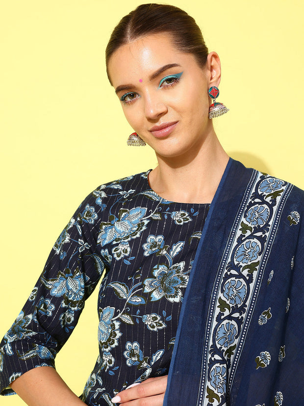 Women Indigo Blue Floral Printed Flared Kurta With Trouser And Dupatta