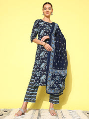 Women Indigo Blue Floral Printed Flared Kurta With Trouser And Dupatta