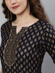 Women Navy Blue Ethnic Printed Kurta With Palazzo And Dupatta
