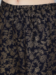 Women Navy Blue Ethnic Printed Kurta With Palazzo And Dupatta