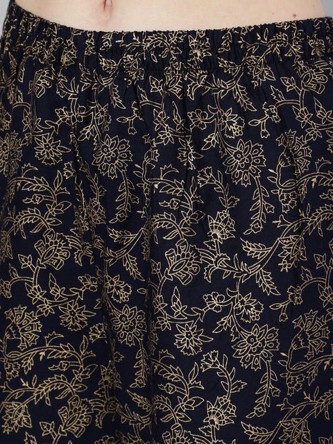 Women Navy Blue Ethnic Printed Kurta With Palazzo And Dupatta