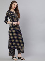 Women Navy Blue Ethnic Printed Kurta With Palazzo And Dupatta