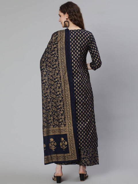 Women Navy Blue Ethnic Printed Kurta With Palazzo And Dupatta