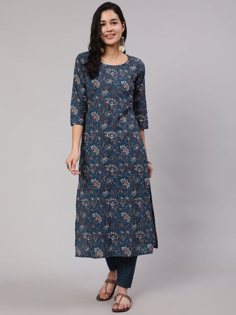 Women Blue Floral Printed Kurta With Trouser