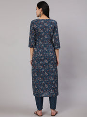 Women Blue Floral Printed Kurta With Trouser