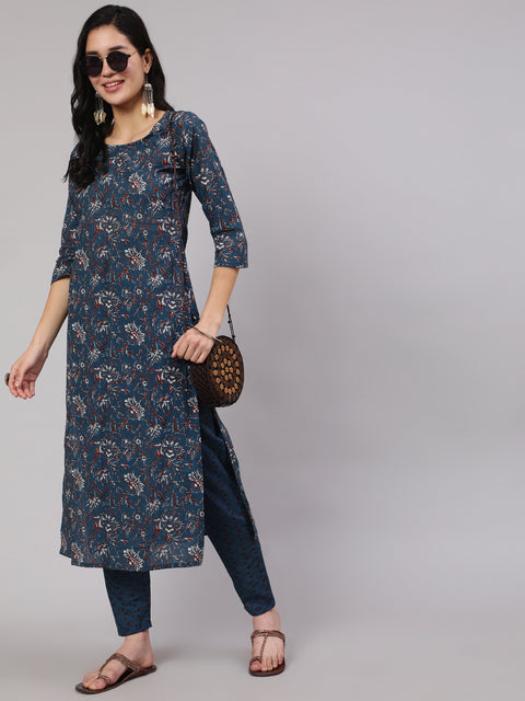 Women Blue Floral Printed Kurta With Trouser