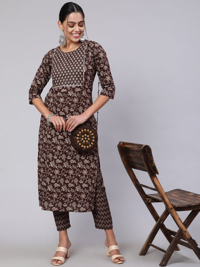 Women Brown Ethnic Printed Straight Kurta With Trouser