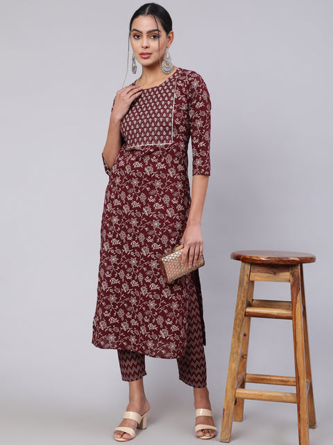 Women Burgundy Ethnic Printed Straight Kurta With Trouser